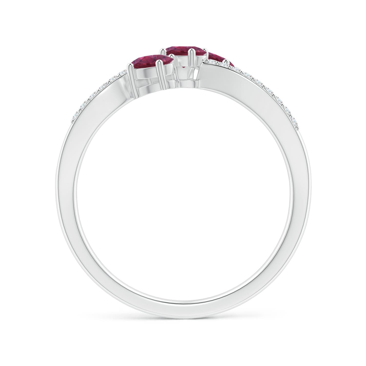 4x3mm AAAA Oval Pink Tourmaline Three Stone Bypass Ring with Diamonds in White Gold - side 2