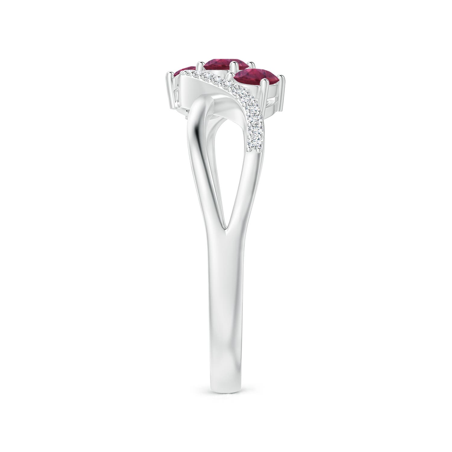 4x3mm AAAA Oval Pink Tourmaline Three Stone Bypass Ring with Diamonds in White Gold - side 3