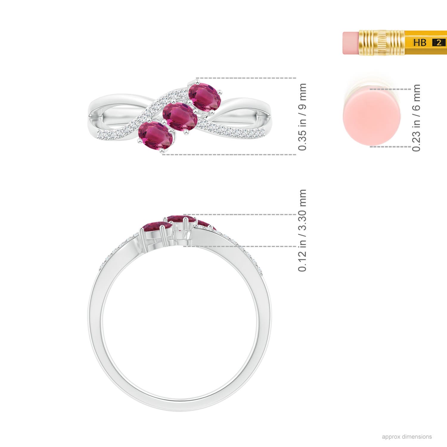 4x3mm AAAA Oval Pink Tourmaline Three Stone Bypass Ring with Diamonds in White Gold - ruler