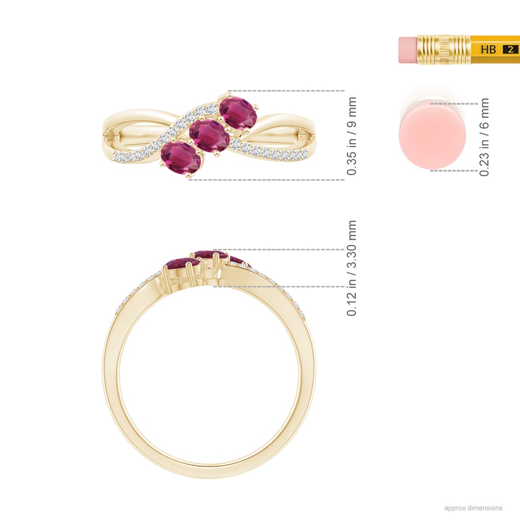 4x3mm AAAA Oval Pink Tourmaline Three Stone Bypass Ring with Diamonds in Yellow Gold Ruler