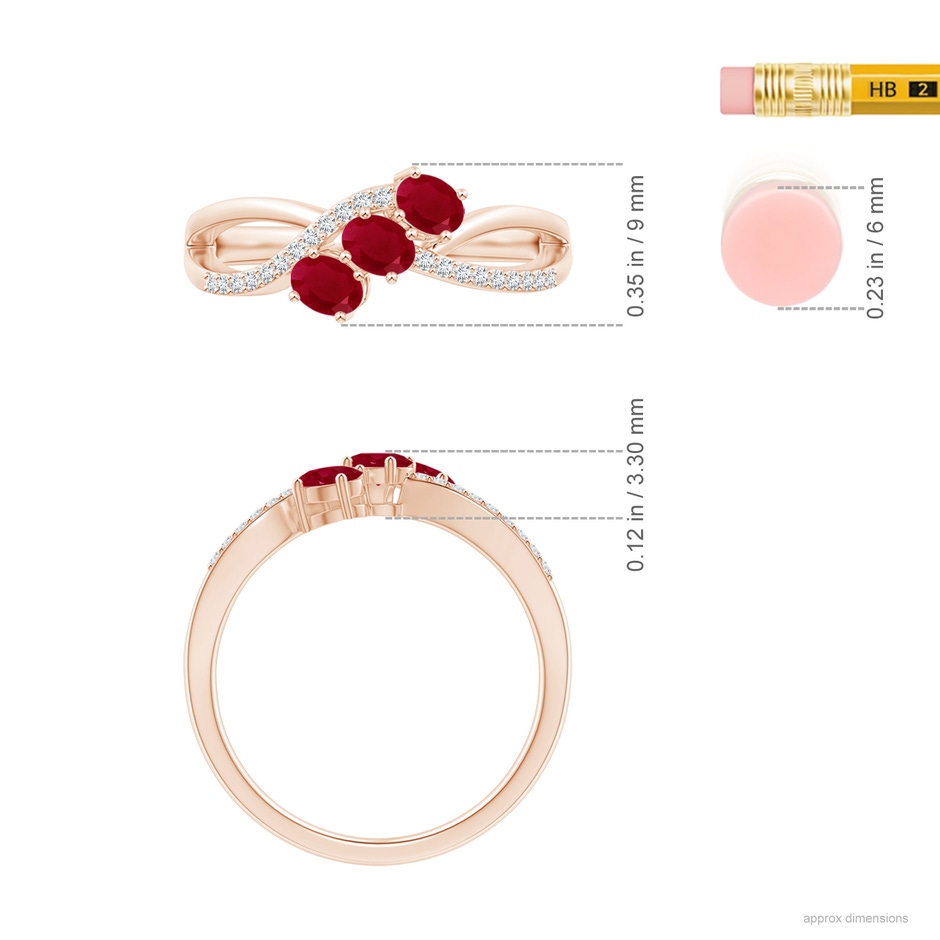 4x3mm AA Oval Ruby Three Stone Bypass Ring with Diamonds in Rose Gold ruler
