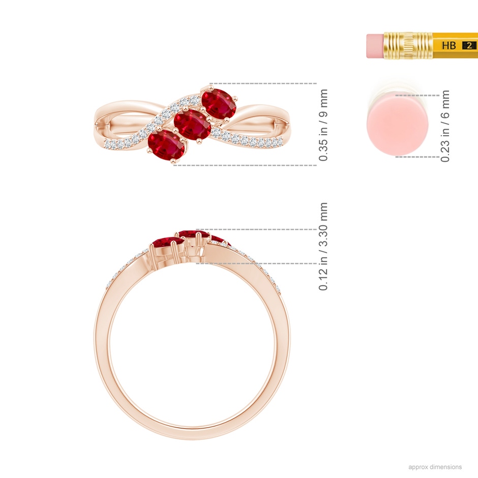 4x3mm AAA Oval Ruby Three Stone Bypass Ring with Diamonds in Rose Gold ruler