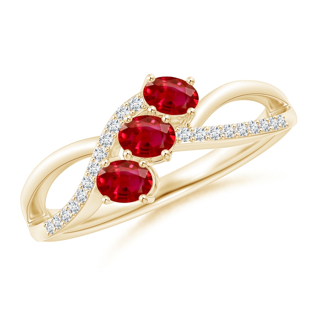 4x3mm AAA Oval Ruby Three Stone Bypass Ring with Diamonds in Yellow Gold