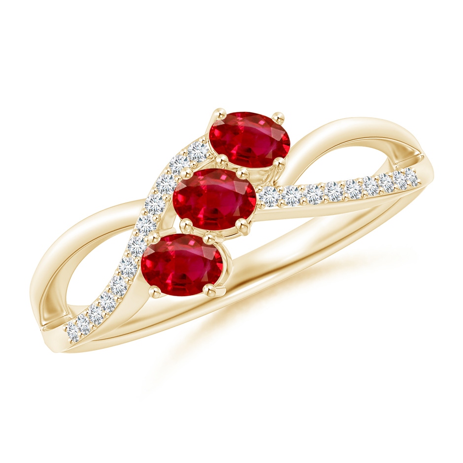 4x3mm AAA Oval Ruby Three Stone Bypass Ring with Diamonds in Yellow Gold 