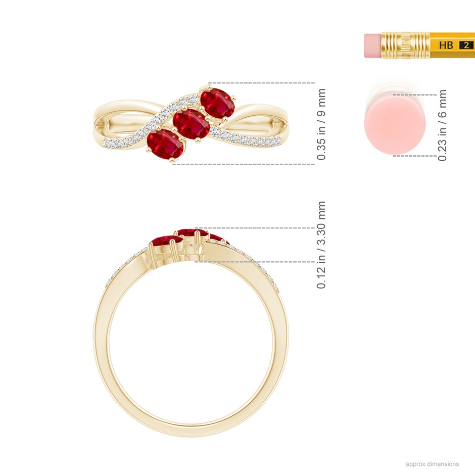 4x3mm AAA Oval Ruby Three Stone Bypass Ring with Diamonds in Yellow Gold ruler