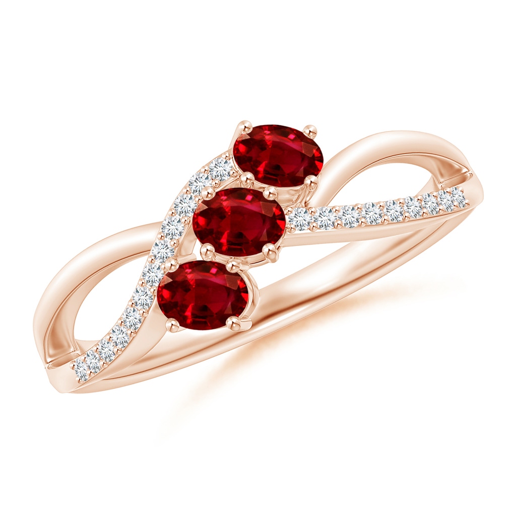 4x3mm AAAA Oval Ruby Three Stone Bypass Ring with Diamonds in 10K Rose Gold