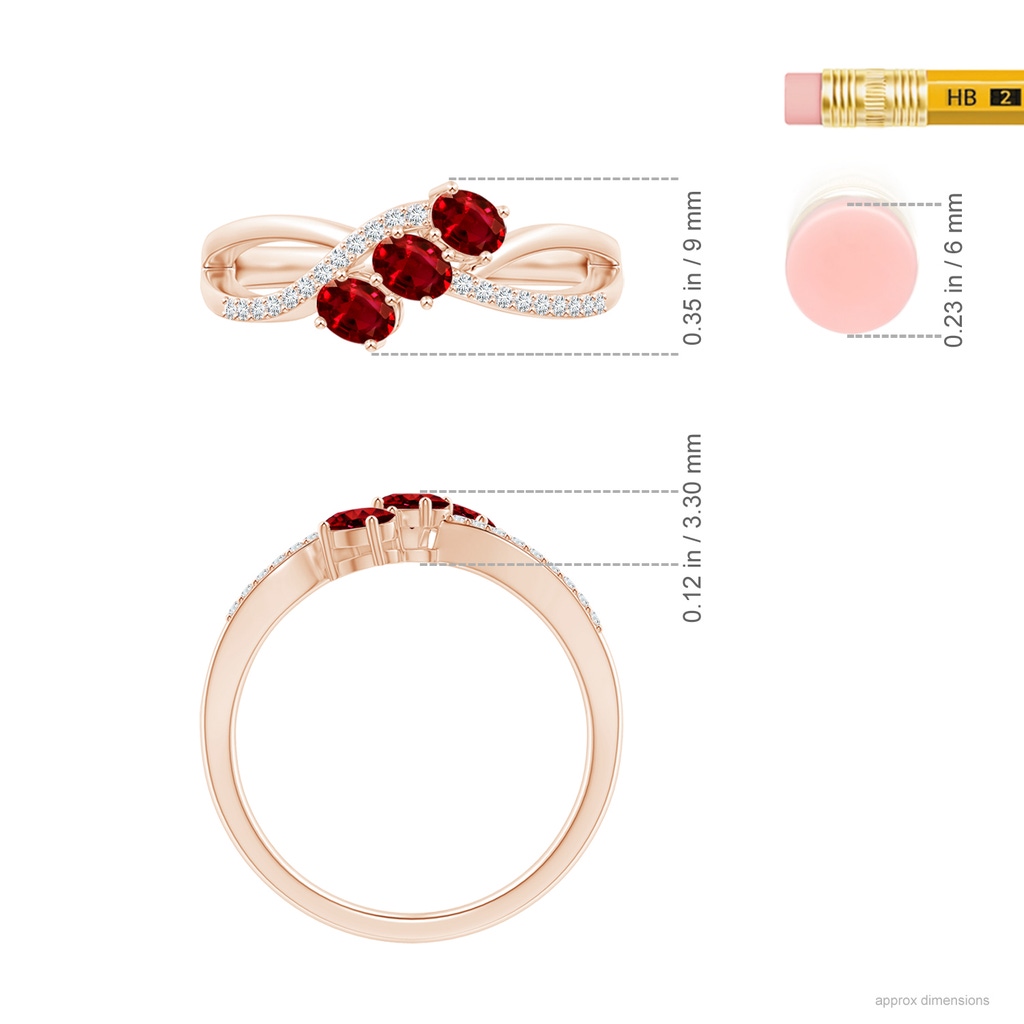 4x3mm AAAA Oval Ruby Three Stone Bypass Ring with Diamonds in 10K Rose Gold Ruler
