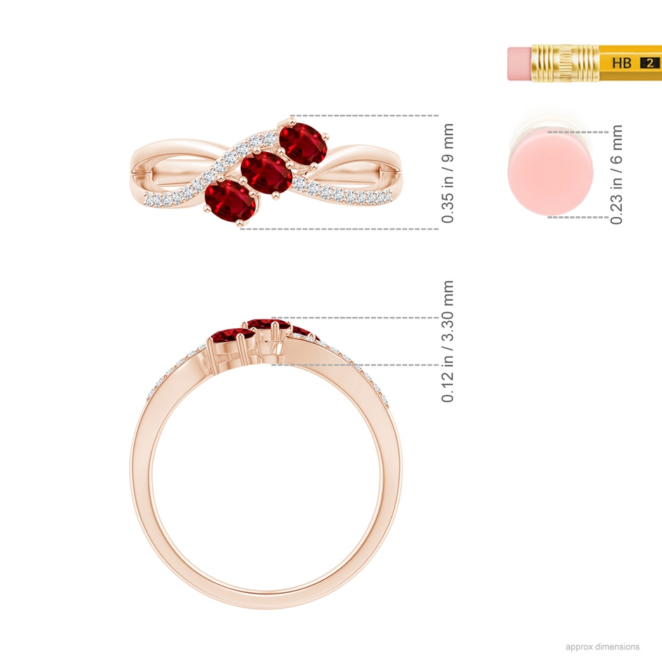 4x3mm AAAA Oval Ruby Three Stone Bypass Ring with Diamonds in 10K Rose Gold ruler