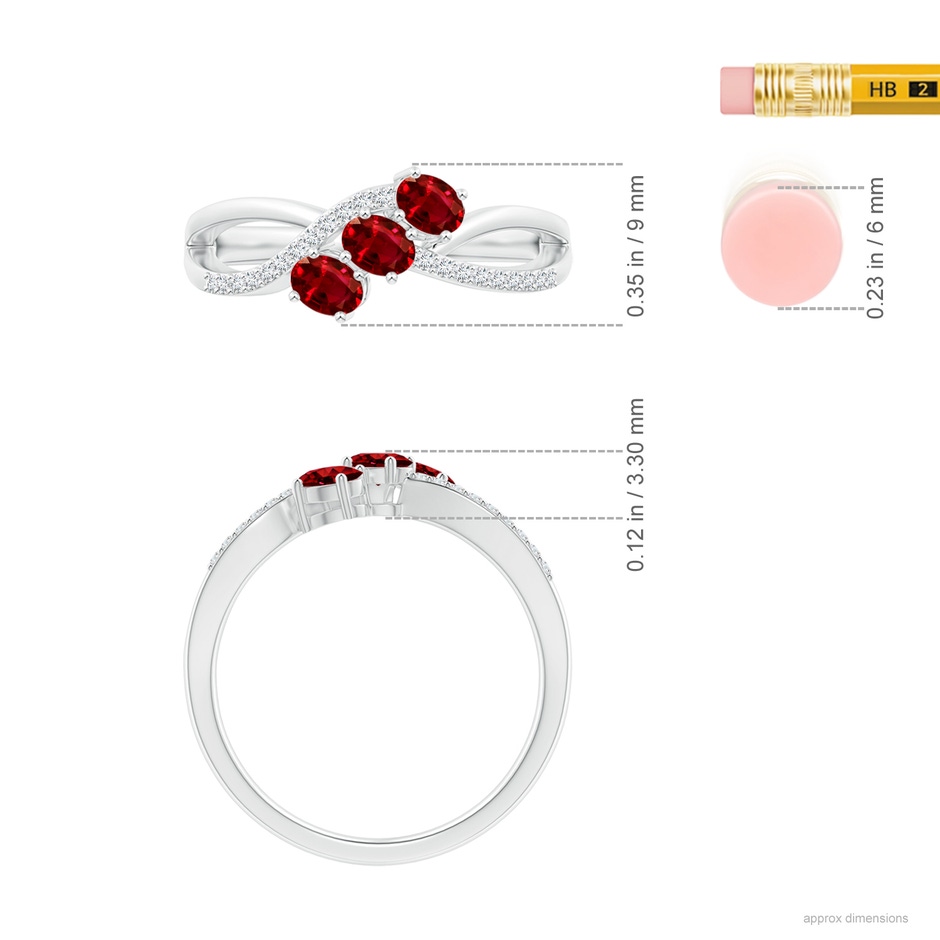 4x3mm AAAA Oval Ruby Three Stone Bypass Ring with Diamonds in P950 Platinum ruler