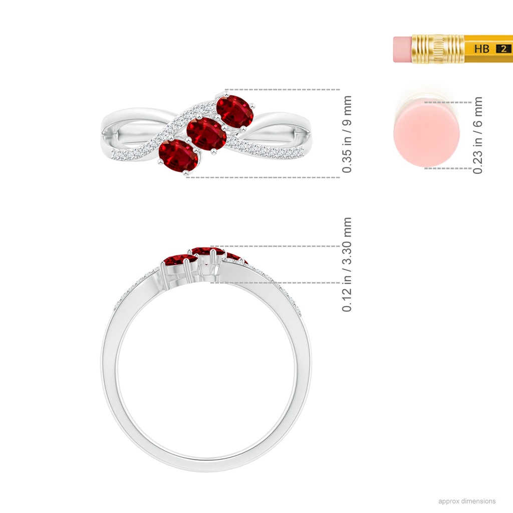 4x3mm AAAA Oval Ruby Three Stone Bypass Ring with Diamonds in S999 Silver Ruler