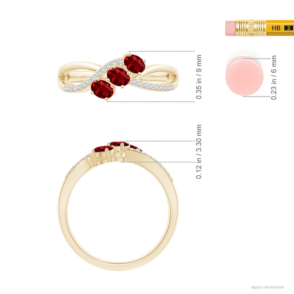 4x3mm AAAA Oval Ruby Three Stone Bypass Ring with Diamonds in Yellow Gold Ruler