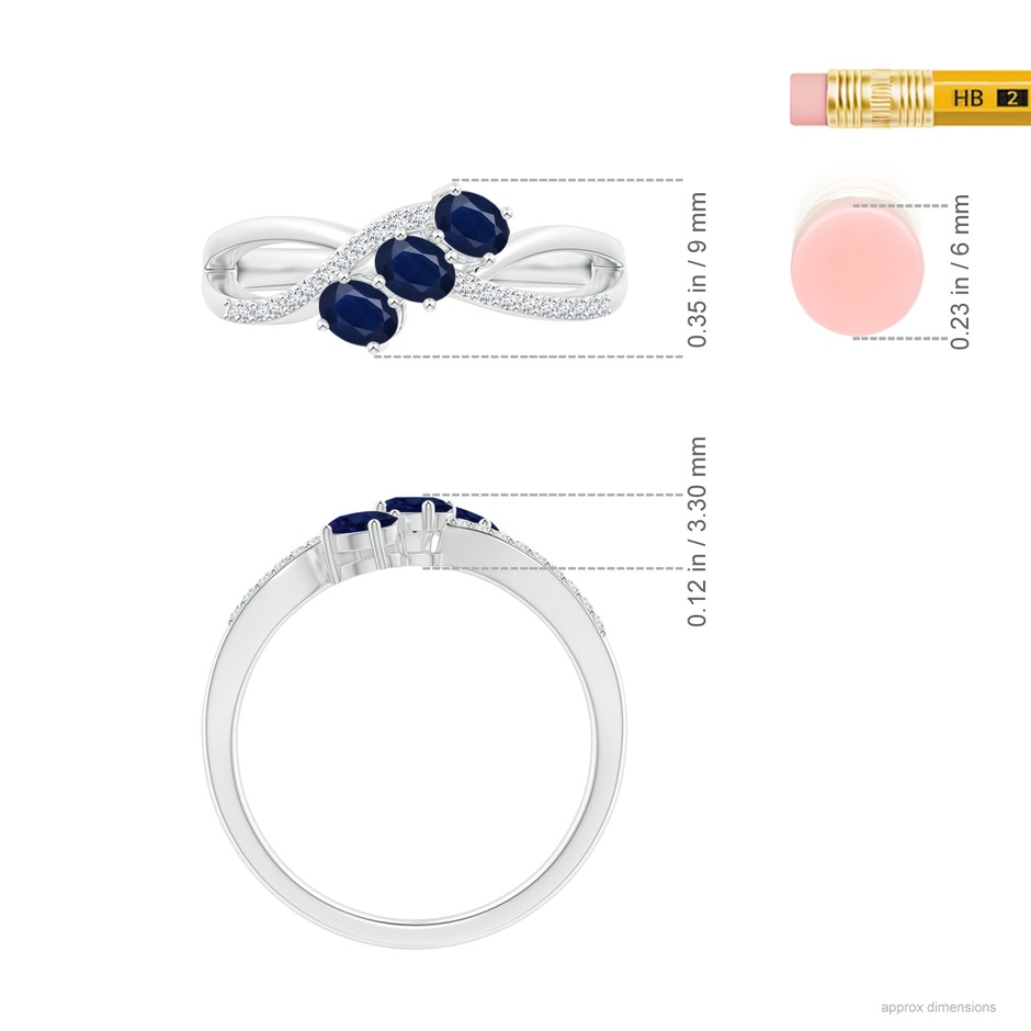 4x3mm A Oval Sapphire Three Stone Bypass Ring with Diamonds in White Gold ruler