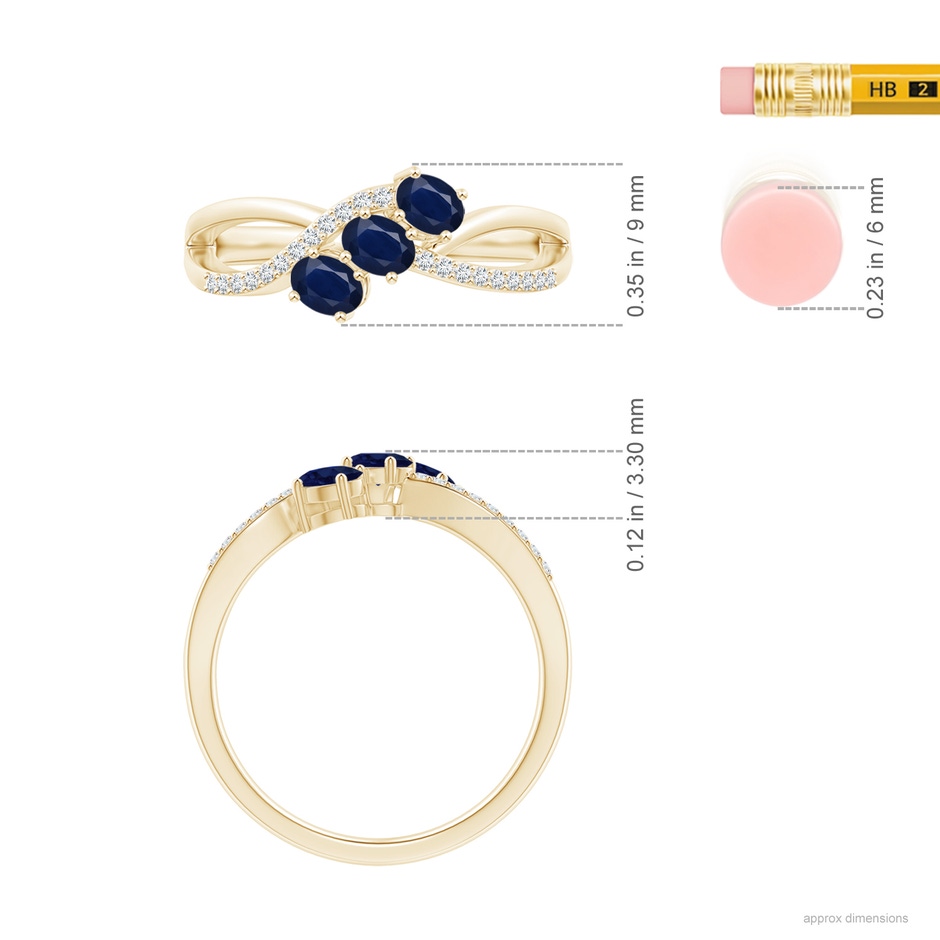 4x3mm A Oval Sapphire Three Stone Bypass Ring with Diamonds in Yellow Gold ruler