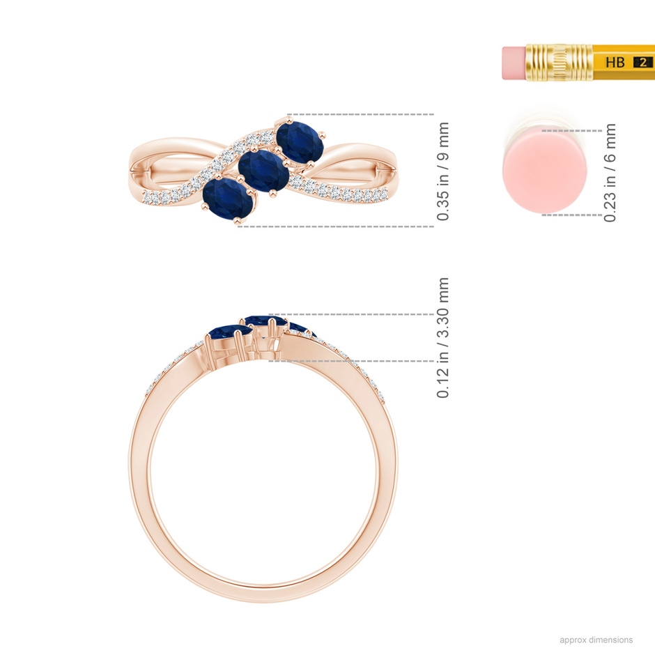 4x3mm AA Oval Sapphire Three Stone Bypass Ring with Diamonds in Rose Gold ruler