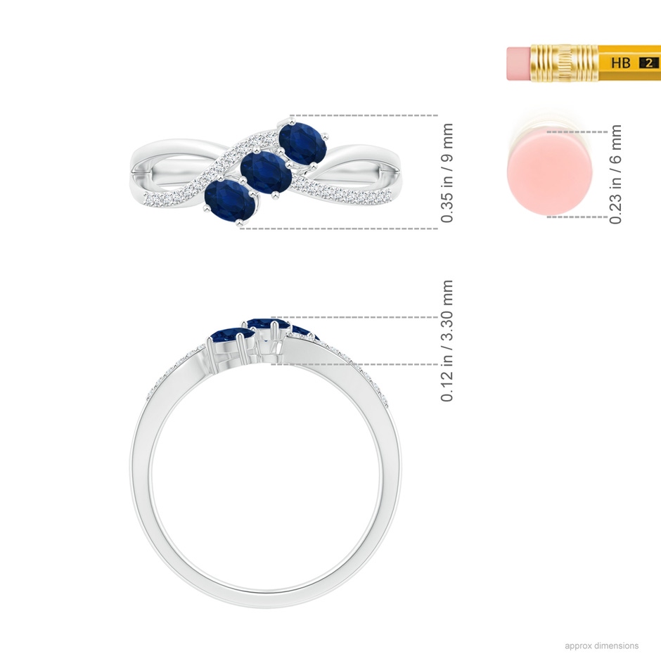 4x3mm AA Oval Sapphire Three Stone Bypass Ring with Diamonds in White Gold ruler