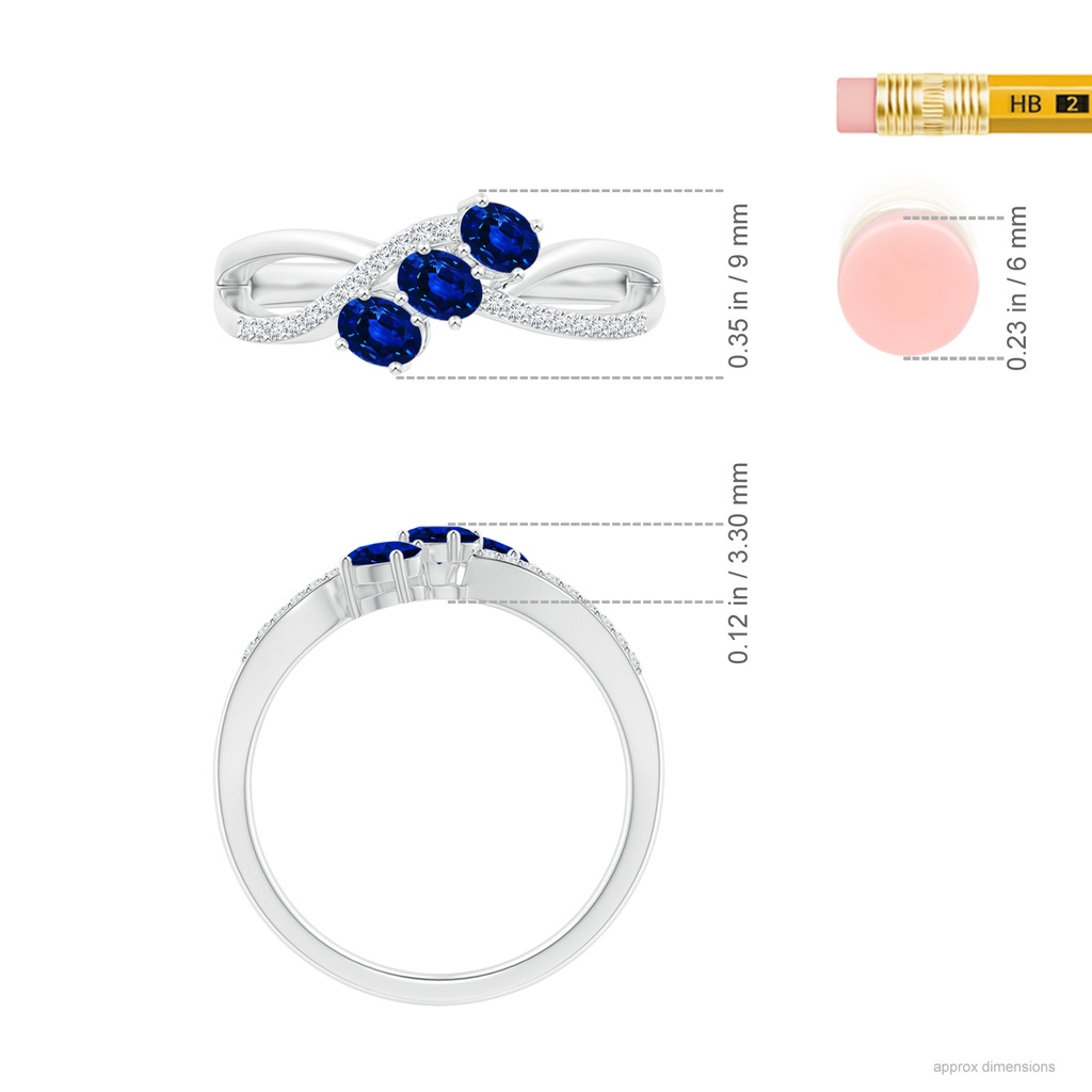 4x3mm AAAA Oval Sapphire Three Stone Bypass Ring with Diamonds in White Gold Ruler
