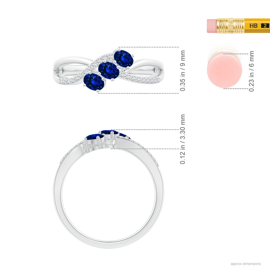 4x3mm AAAA Oval Sapphire Three Stone Bypass Ring with Diamonds in White Gold ruler