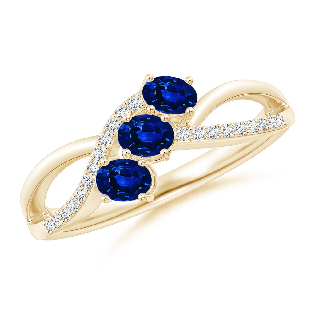 4x3mm AAAA Oval Sapphire Three Stone Bypass Ring with Diamonds in Yellow Gold