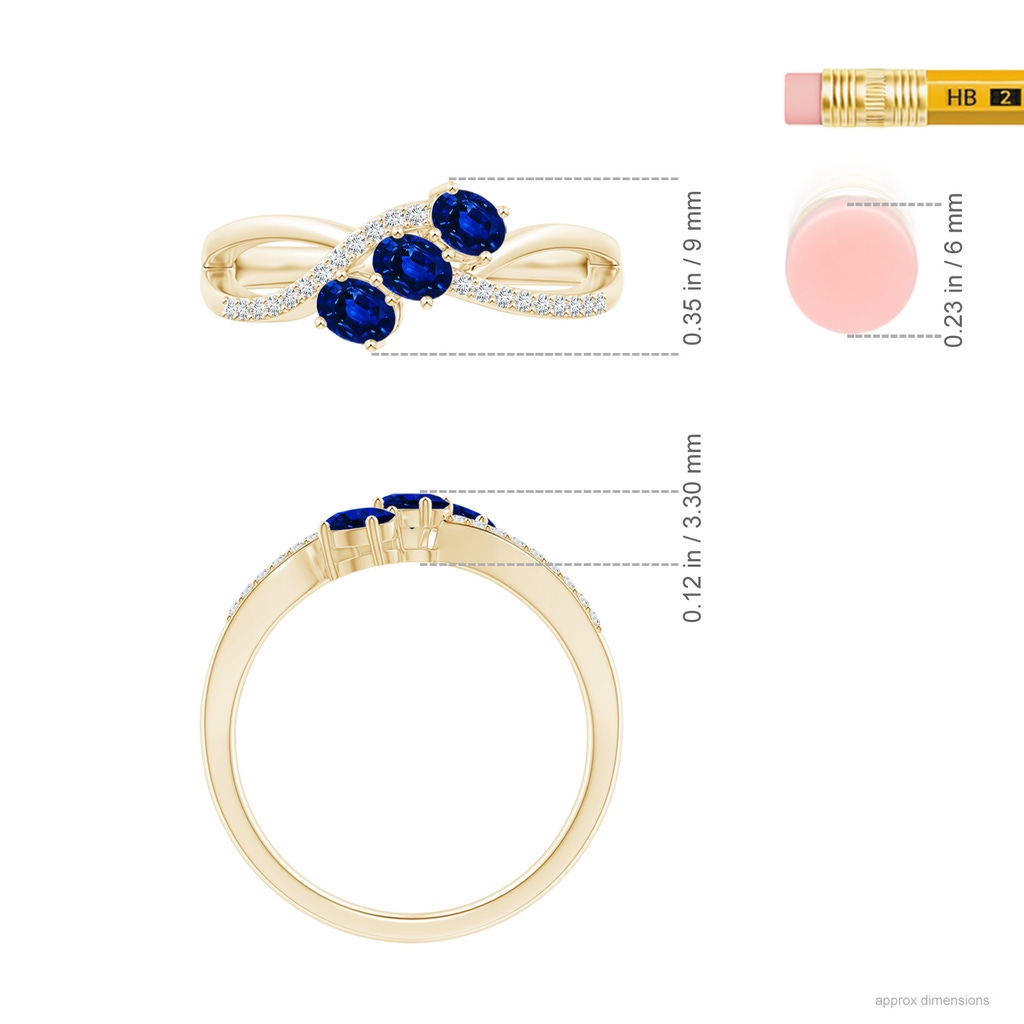 4x3mm AAAA Oval Sapphire Three Stone Bypass Ring with Diamonds in Yellow Gold Ruler