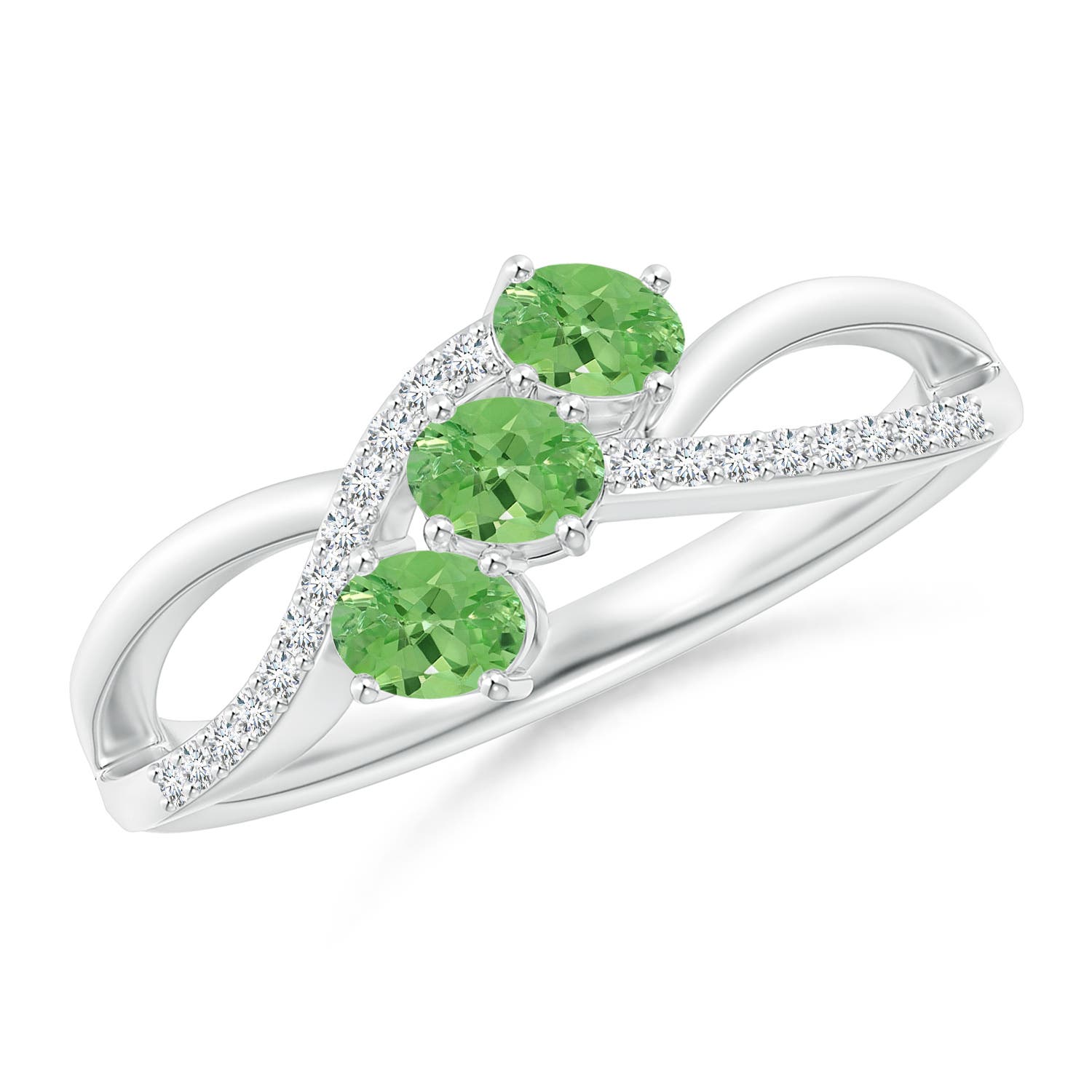 4x3mm A Oval Tsavorite Three Stone Bypass Ring with Diamonds in P950 Platinum