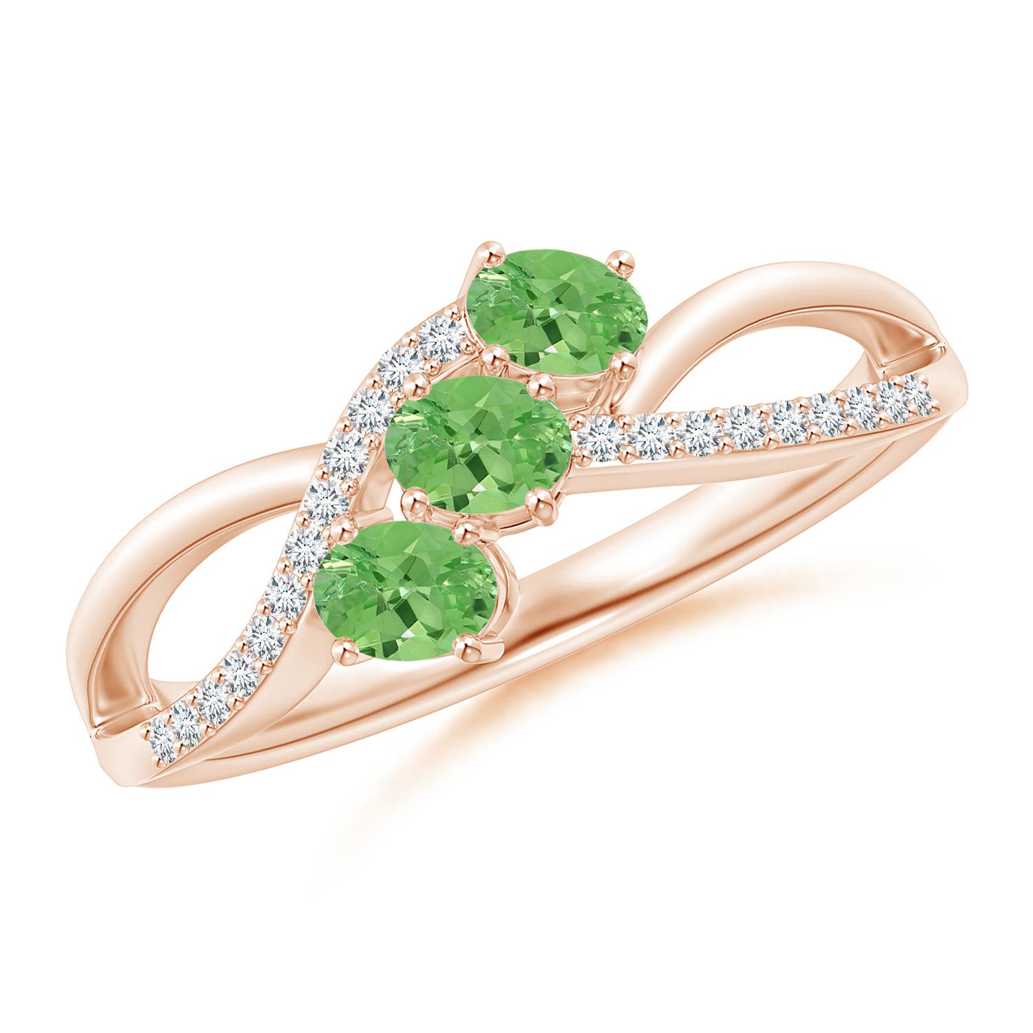 4x3mm A Oval Tsavorite Three Stone Bypass Ring with Diamonds in Rose Gold