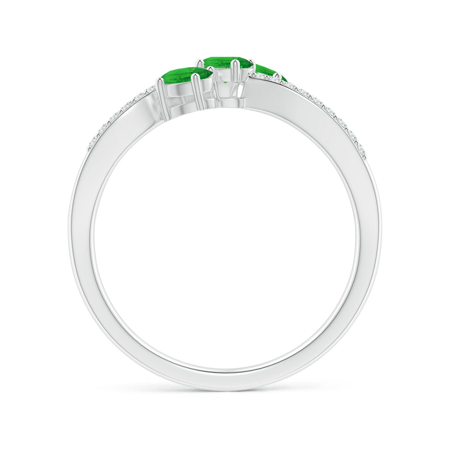4x3mm AAA Oval Tsavorite Three Stone Bypass Ring with Diamonds in White Gold - side 2