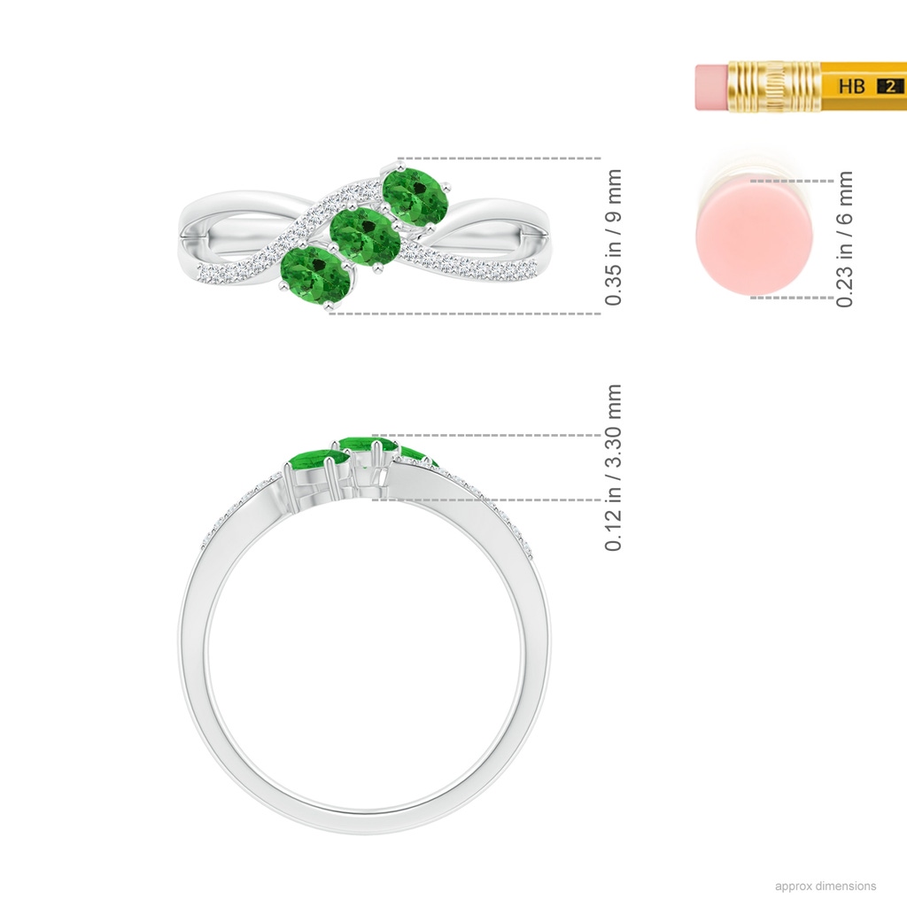 4x3mm AAA Oval Tsavorite Three Stone Bypass Ring with Diamonds in White Gold Ruler