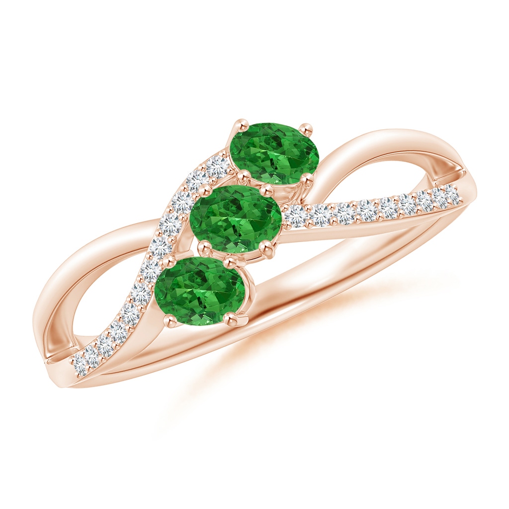 4x3mm AAAA Oval Tsavorite Three Stone Bypass Ring with Diamonds in Rose Gold
