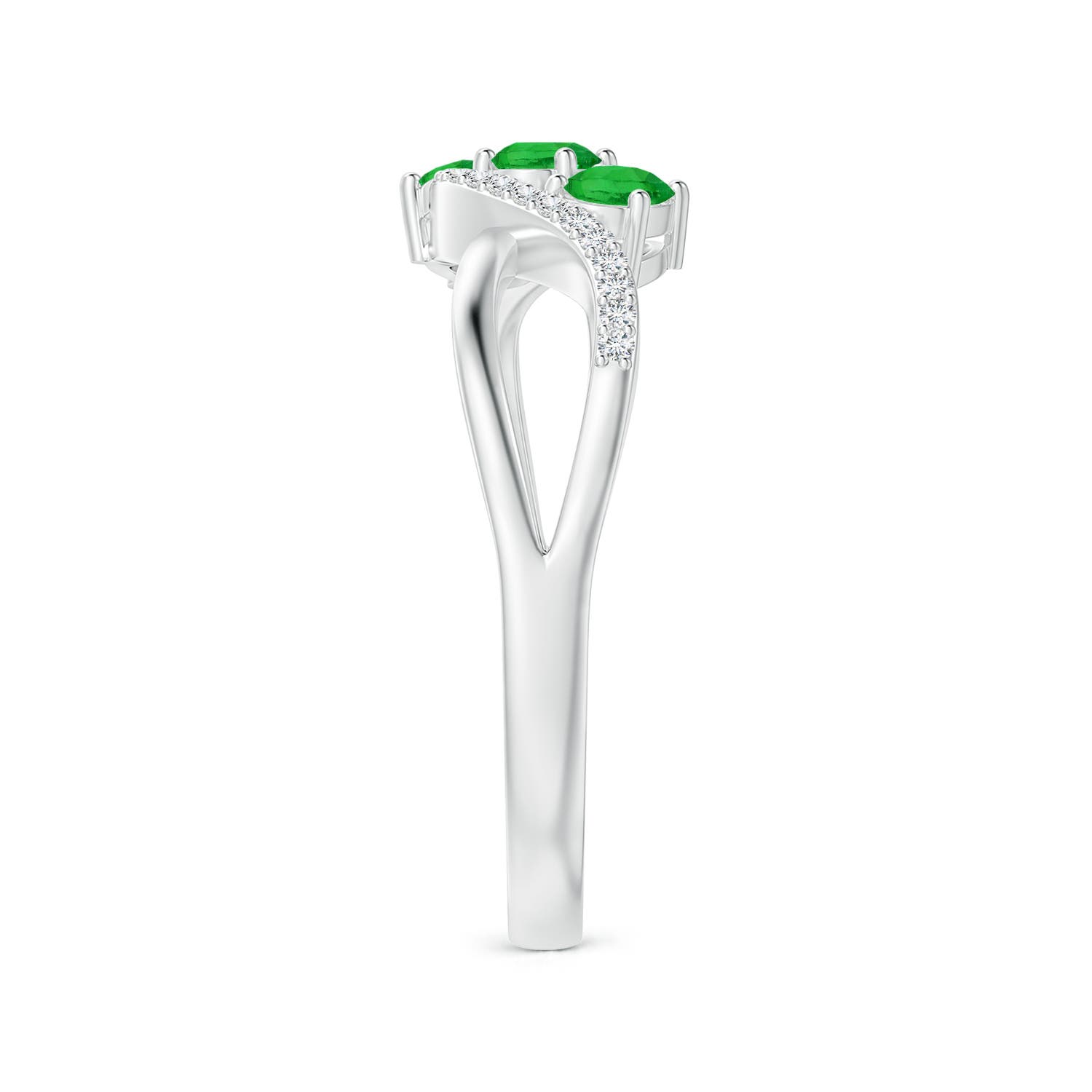 4x3mm AAAA Oval Tsavorite Three Stone Bypass Ring with Diamonds in White Gold - side 3