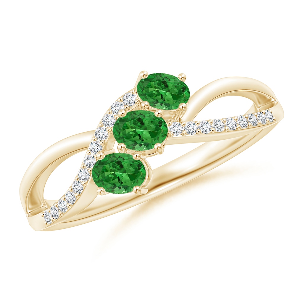 4x3mm AAAA Oval Tsavorite Three Stone Bypass Ring with Diamonds in Yellow Gold