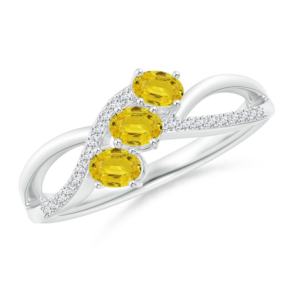 4x3mm AAA Oval Yellow Sapphire Three Stone Bypass Ring with Diamonds in White Gold 