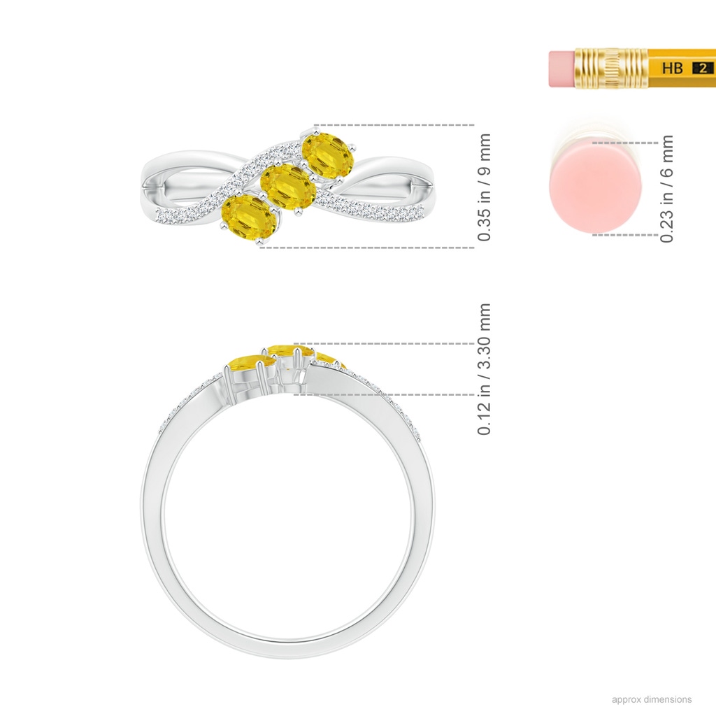 4x3mm AAA Oval Yellow Sapphire Three Stone Bypass Ring with Diamonds in White Gold ruler