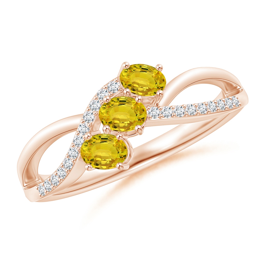 4x3mm AAAA Oval Yellow Sapphire Three Stone Bypass Ring with Diamonds in Rose Gold