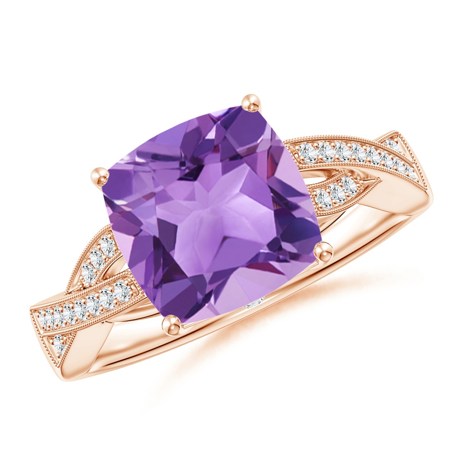 9mm A Solitaire Cushion Amethyst Criss Cross Ring with Diamonds in Rose Gold 
