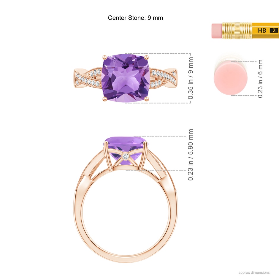 9mm A Solitaire Cushion Amethyst Criss Cross Ring with Diamonds in Rose Gold ruler