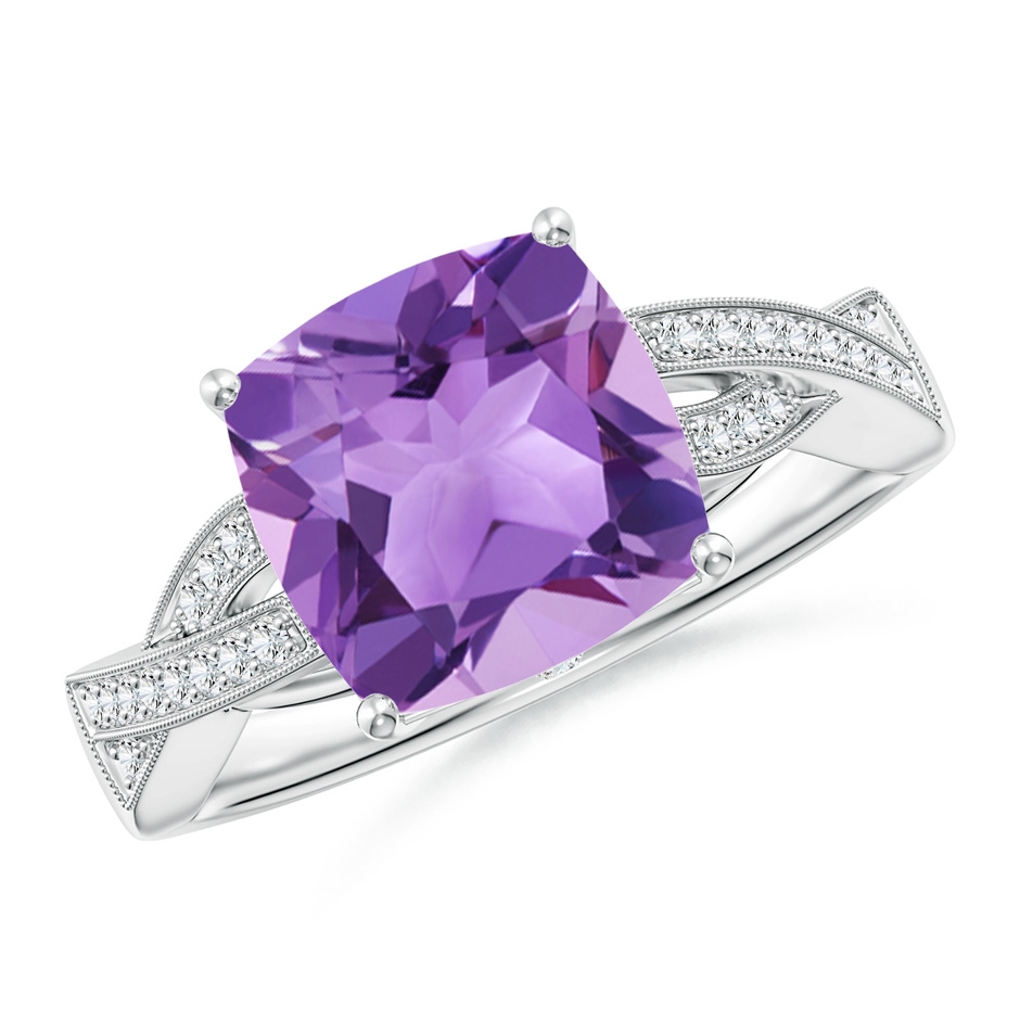 9mm A Solitaire Cushion Amethyst Criss Cross Ring with Diamonds in White Gold 