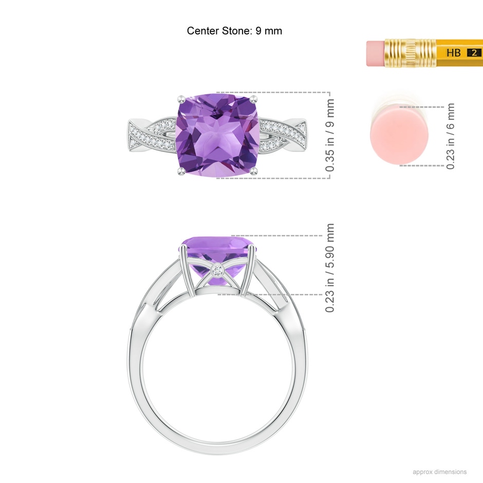 9mm A Solitaire Cushion Amethyst Criss Cross Ring with Diamonds in White Gold ruler