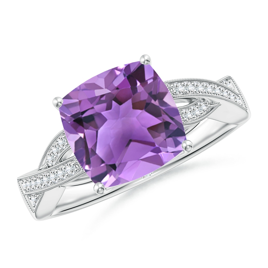 9mm AA Solitaire Cushion Amethyst Criss Cross Ring with Diamonds in White Gold 