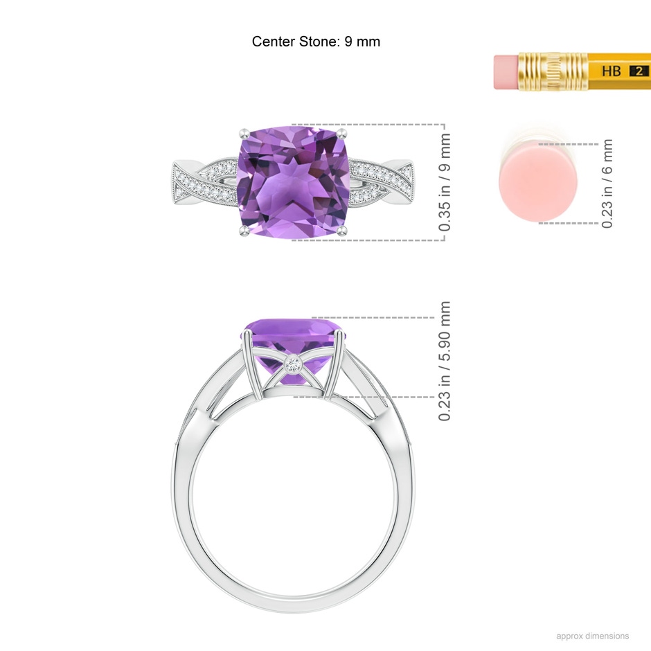 9mm AA Solitaire Cushion Amethyst Criss Cross Ring with Diamonds in White Gold ruler