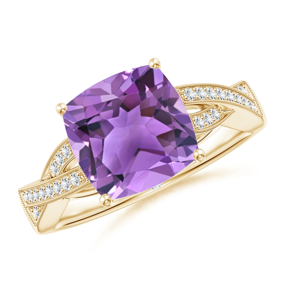 9mm AA Solitaire Cushion Amethyst Criss Cross Ring with Diamonds in Yellow Gold 