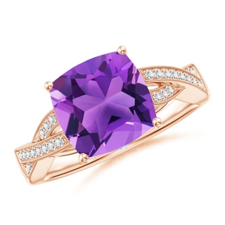 9mm AAA Solitaire Cushion Amethyst Criss Cross Ring with Diamonds in Rose Gold