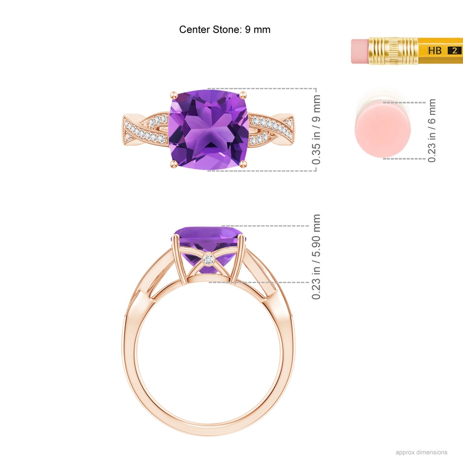 9mm AAA Solitaire Cushion Amethyst Criss Cross Ring with Diamonds in Rose Gold ruler