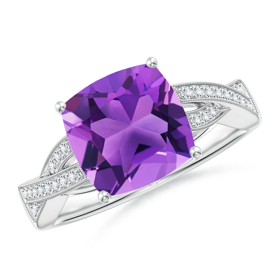 9mm AAA Solitaire Cushion Amethyst Criss Cross Ring with Diamonds in White Gold 