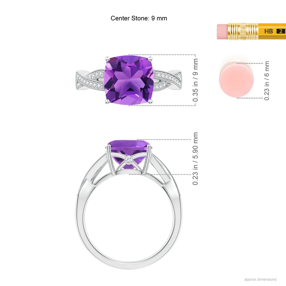 9mm AAA Solitaire Cushion Amethyst Criss Cross Ring with Diamonds in White Gold ruler