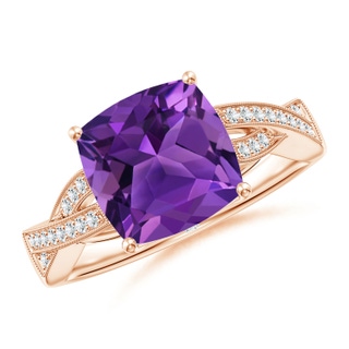 9mm AAAA Solitaire Cushion Amethyst Criss Cross Ring with Diamonds in Rose Gold
