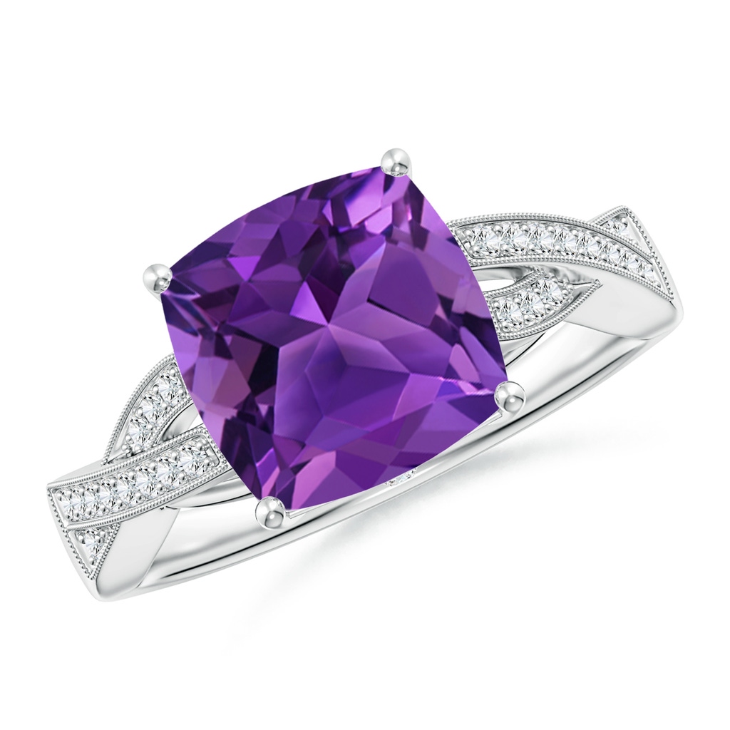9mm AAAA Solitaire Cushion Amethyst Criss Cross Ring with Diamonds in White Gold