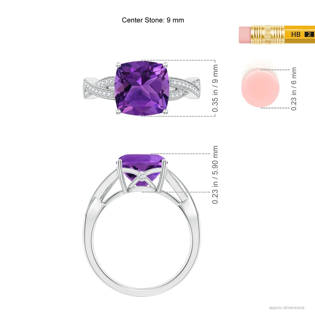 9mm AAAA Solitaire Cushion Amethyst Criss Cross Ring with Diamonds in White Gold Ruler