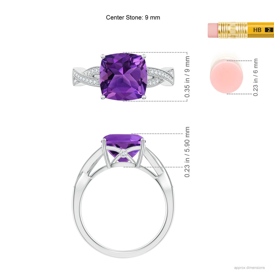 9mm AAAA Solitaire Cushion Amethyst Criss Cross Ring with Diamonds in White Gold ruler