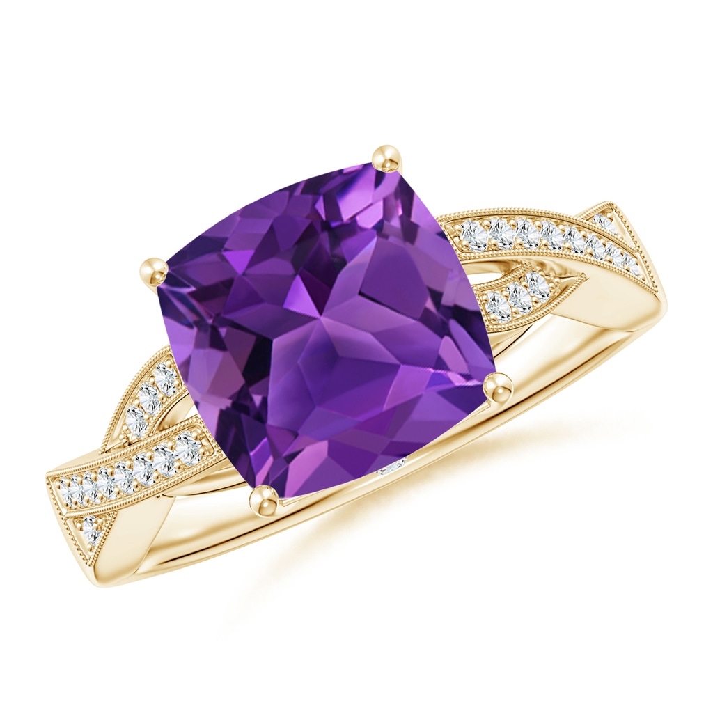 9mm AAAA Solitaire Cushion Amethyst Criss Cross Ring with Diamonds in Yellow Gold