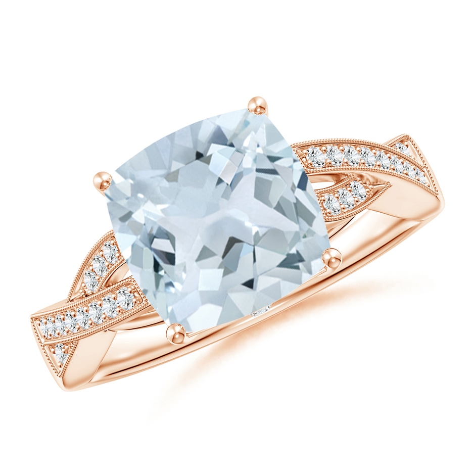 9mm A Solitaire Cushion Aquamarine Criss Cross Ring with Diamonds in Rose Gold 